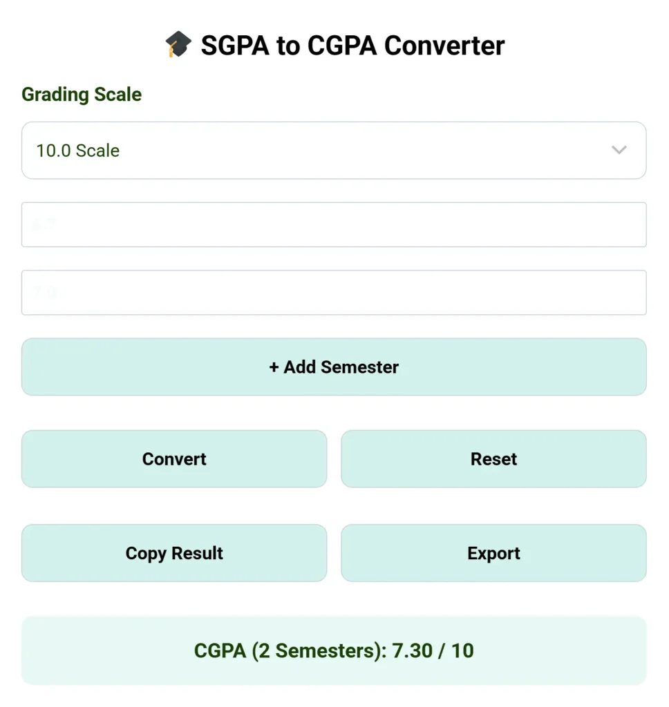 SGPA to CGPA converter tool interface with grading scale and calculated result