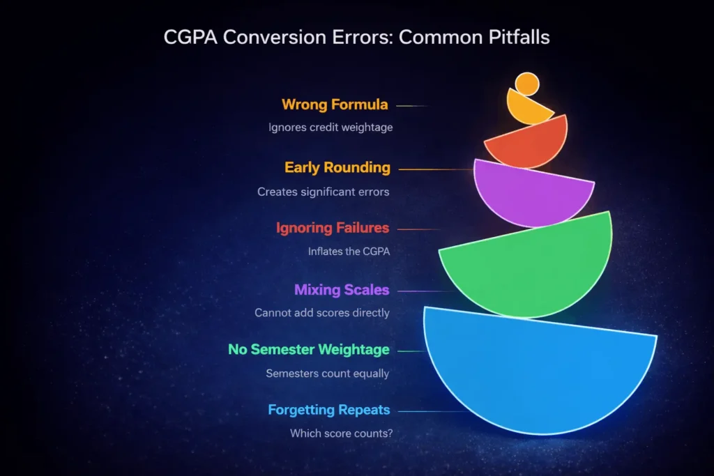 Common CGPA conversion errors including wrong formula rounding and grading scale issues