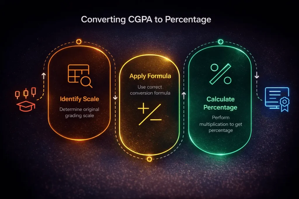 Steps to convert CGPA to percentage using formula and grading scale