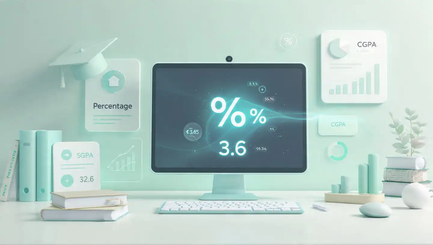 Percentage to CGPA calculator interface with academic grade conversion display