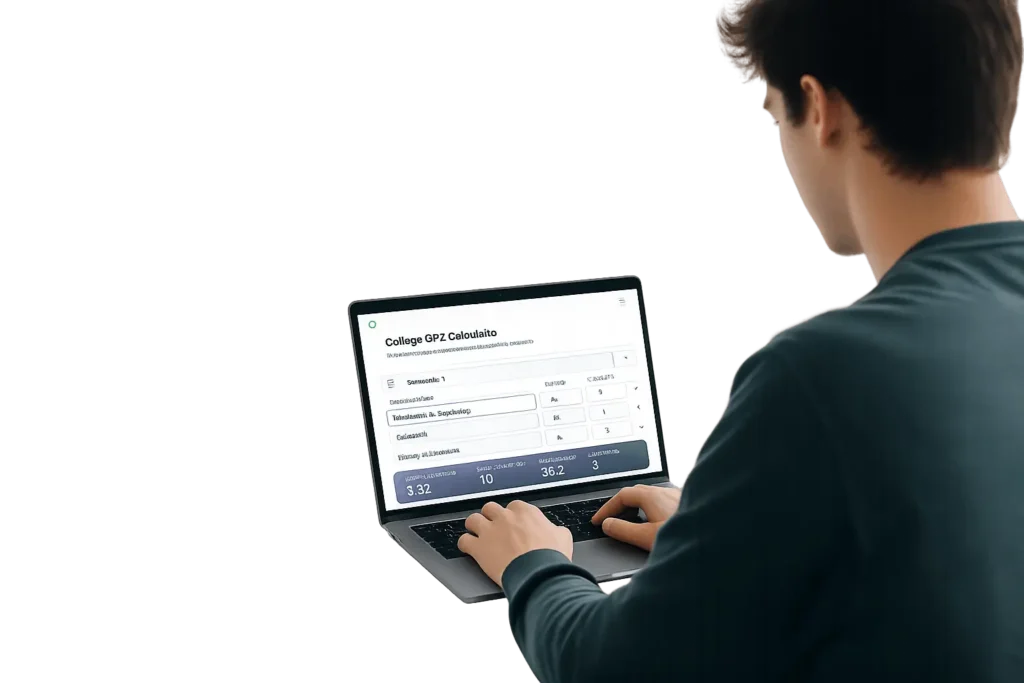 A student is using a college GPA calculator on a laptop to calculate grade point average and track academic performance