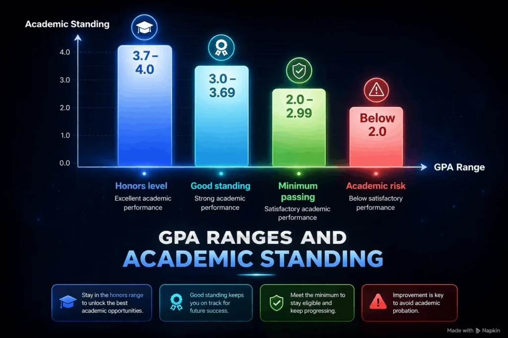 GPA ranges chart showing academic standing levels including honors (3.7–4.0), good standing (3.0–3.69), minimum passing (2.0–2.99), and academic risk (below 2.0)