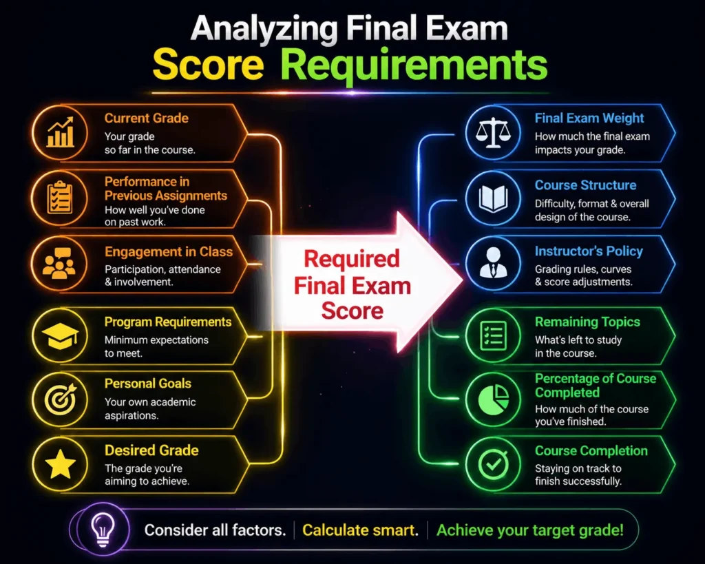 Infographic explaining required final exam score based on current grade, assignment performance, exam weight, and course completion factors