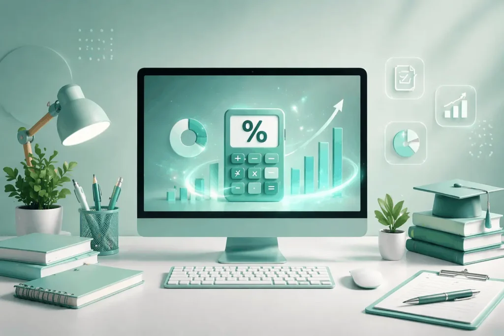 Marks percentage calculator interface displayed on a modern desktop setup with digital percentage and calculator elements