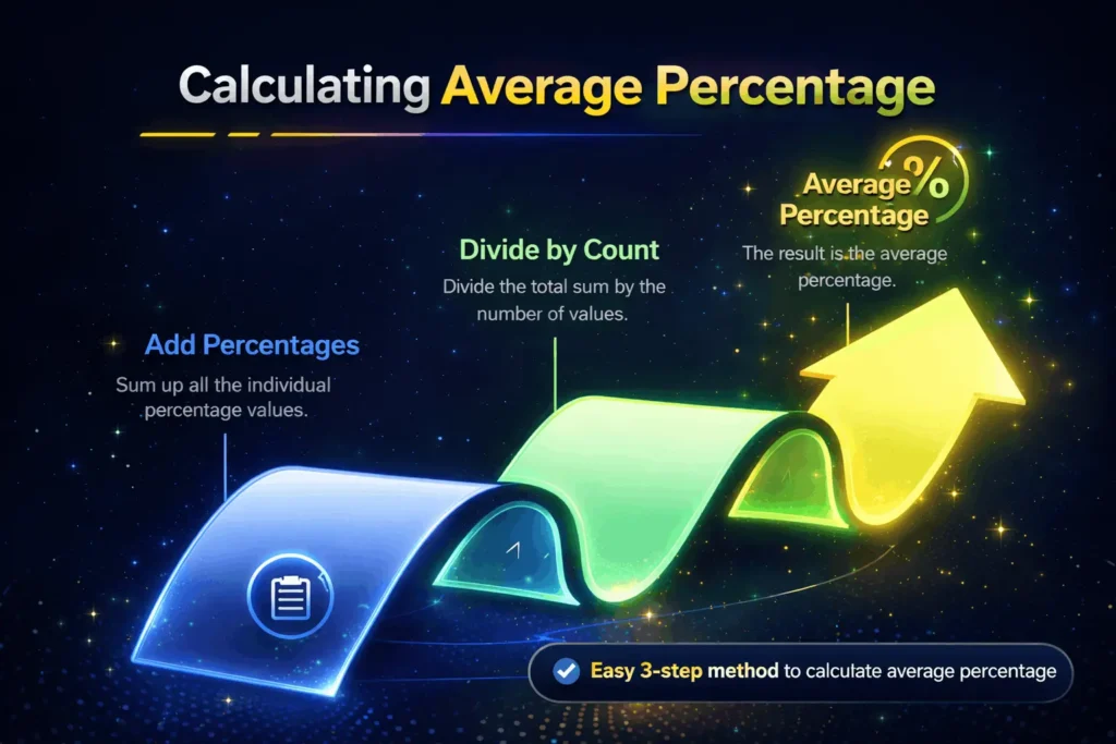 Illustration of average percentage formula where multiple percentage values are combined and divided to calculate the overall average result