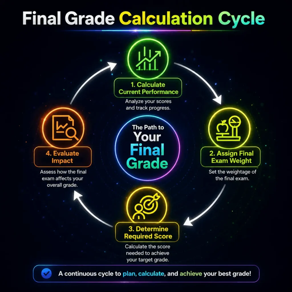 Final grade calculation cycle showing performance analysis, exam weight assignment, required score estimation, and overall grade evaluation process