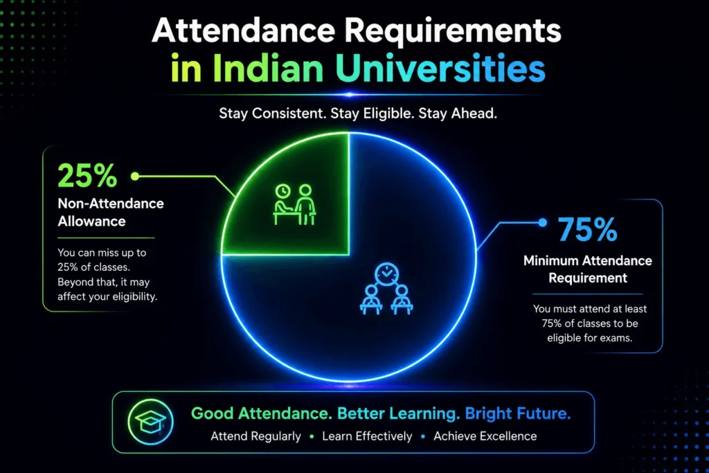 Infographic showing 75% minimum attendance requirement and 25%
non-attendance allowance in Indian universities for exam eligibility