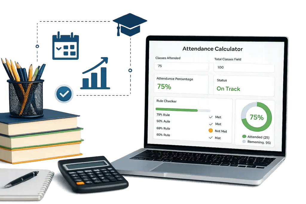 Attendance calculator tool showing 75% attendance percentage, On Track
status, and rule checker for classes attended and total classes held