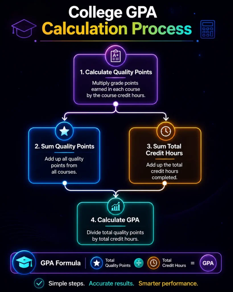 Flowchart illustrating the college GPA calculation process using quality points, credit hours, and the standard GPA formula