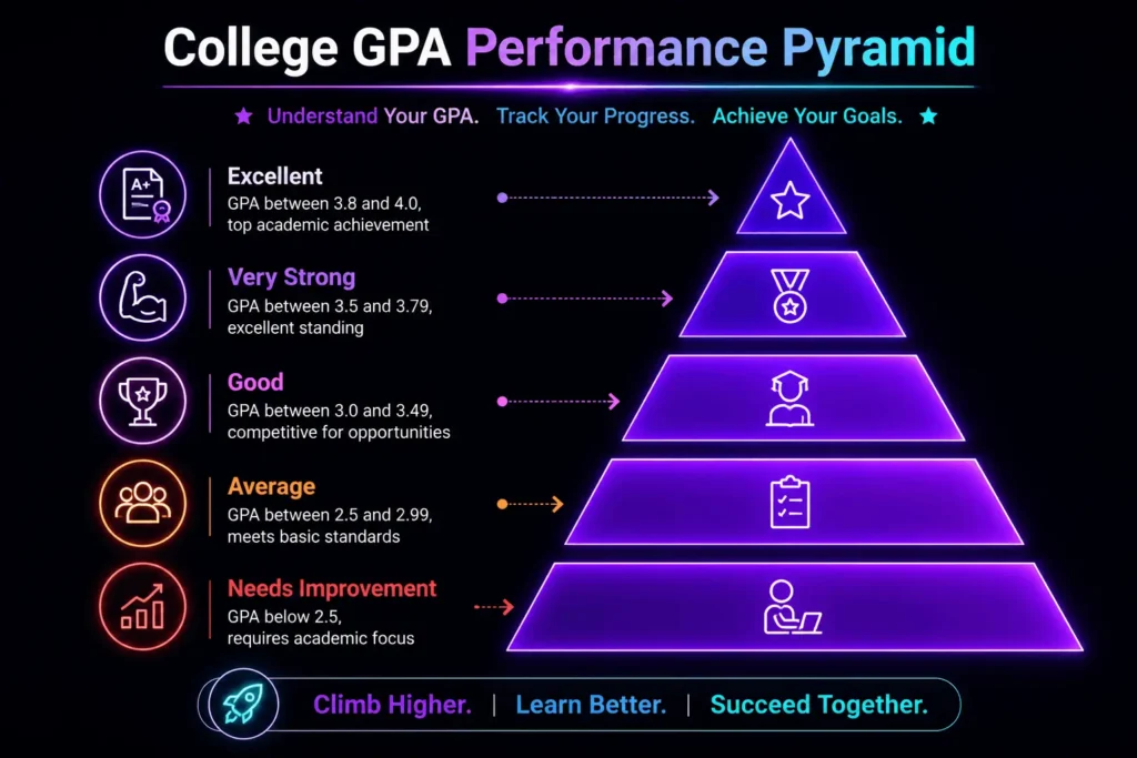 College GPA performance pyramid showing GPA ranges from needs improvement to excellent academic achievement levels